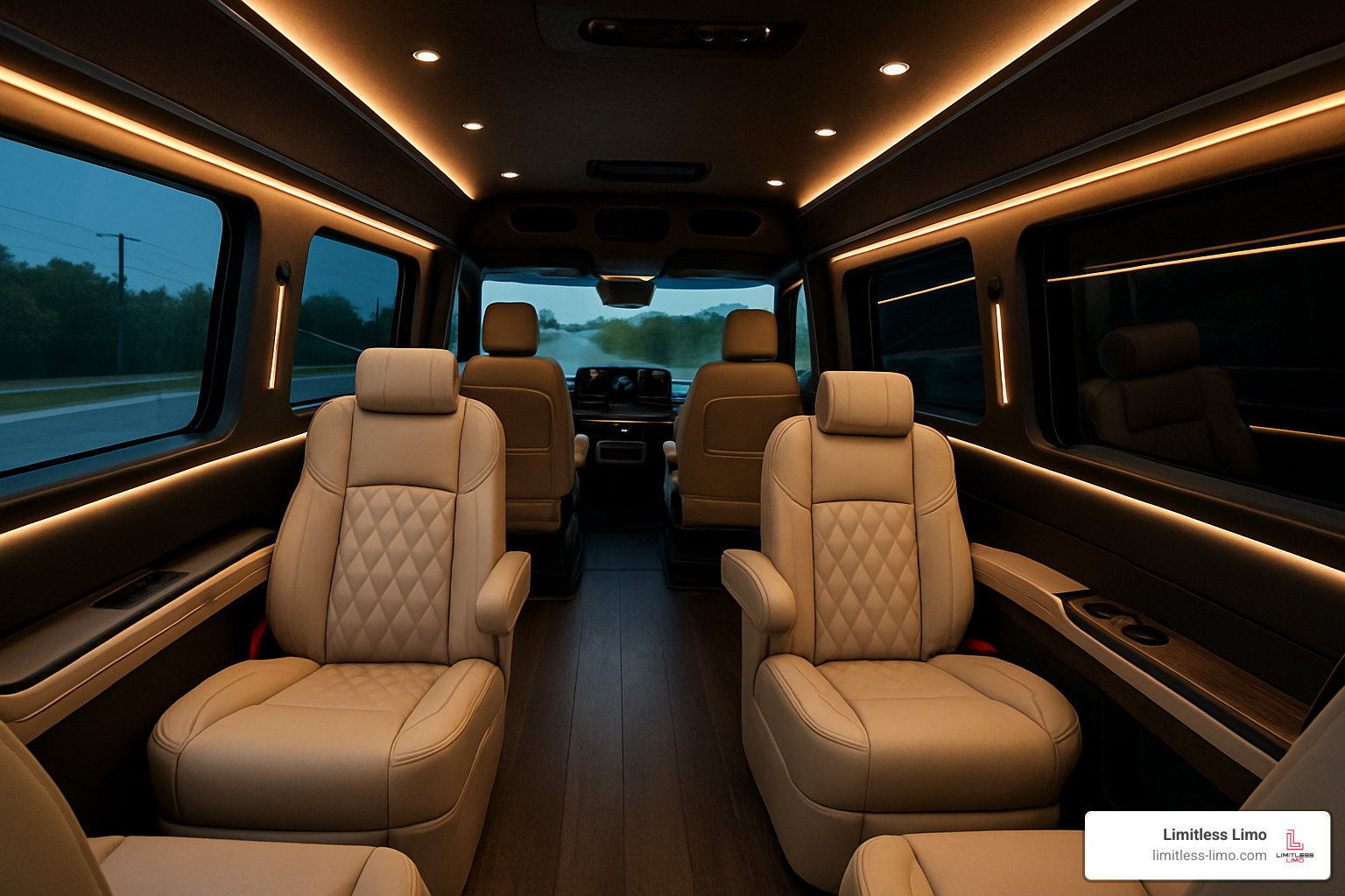 Mercedes Sprinter interior with spacious layout and ambient lighting - Limousine service Dublin Ohio