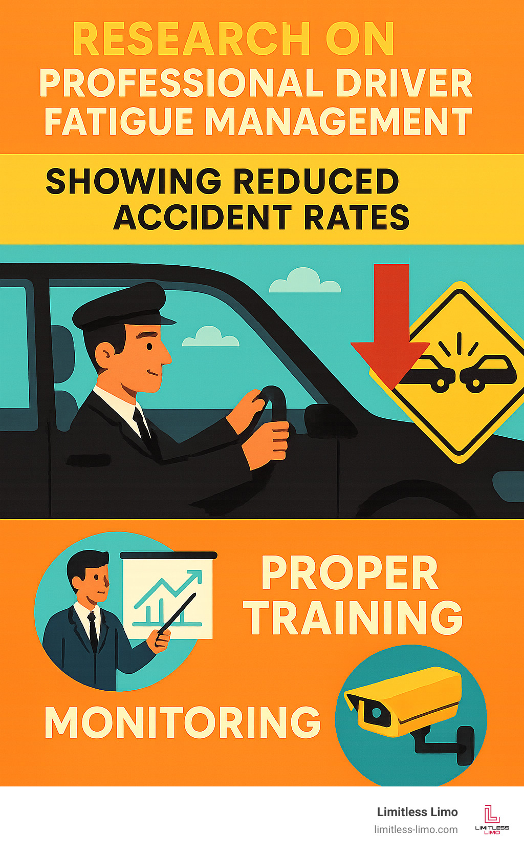Research on professional driver fatigue management showing reduced accident rates with proper training and monitoring - Limousine service Dublin Ohio infographic 
