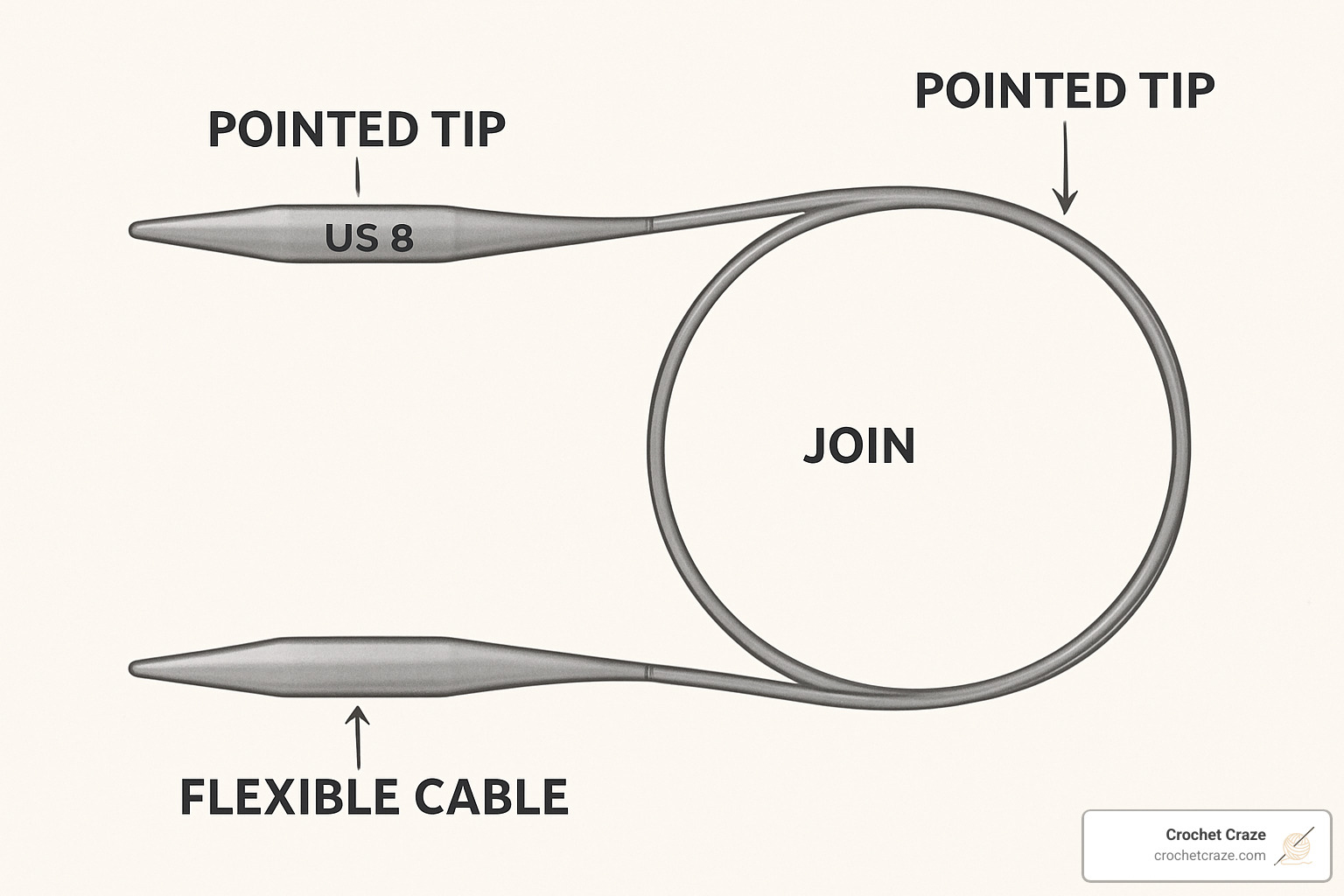 anatomy of circular knitting needles showing tips, join, cable, and size markings - circular knitting needles