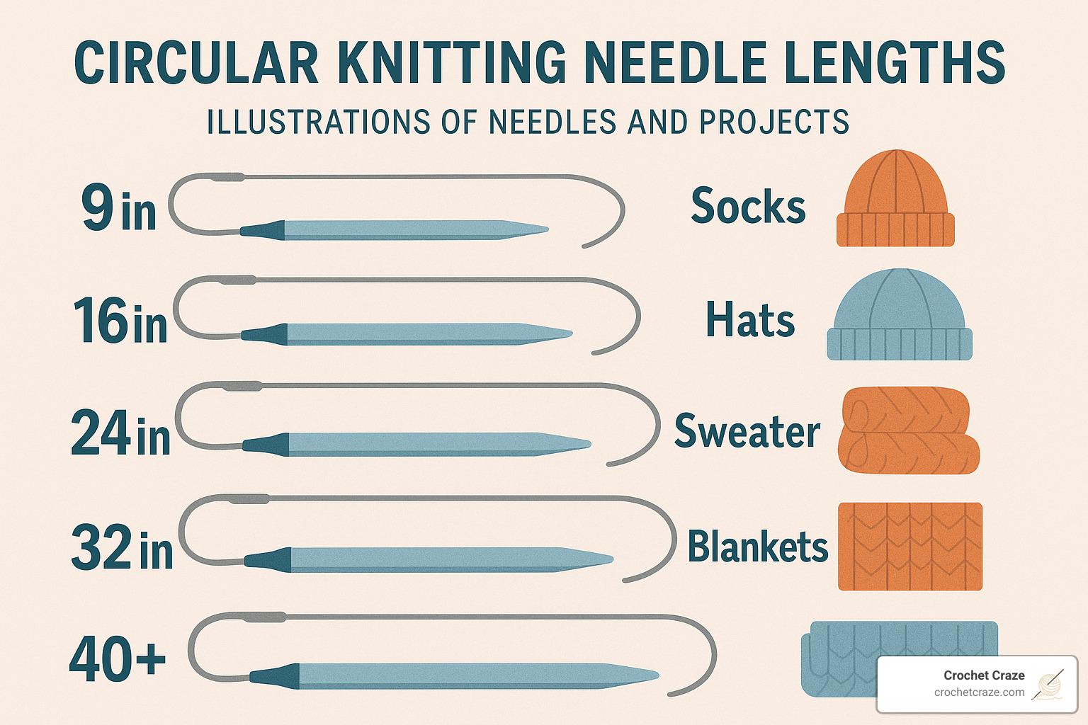 circular knitting needle length cheat sheet showing project types and recommended lengths - circular knitting needles