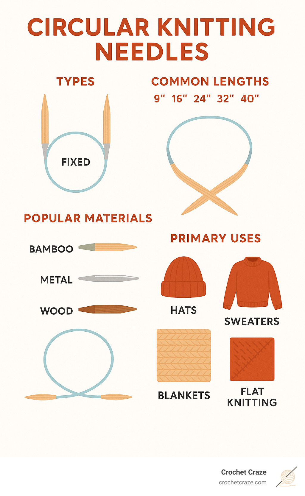 Comparison of circular knitting needles showing fixed vs interchangeable types, common lengths (9"-48"), popular materials (bamboo, metal, wood), and primary uses (hats, sweaters, blankets, flat knitting) - circular knitting needles infographic
