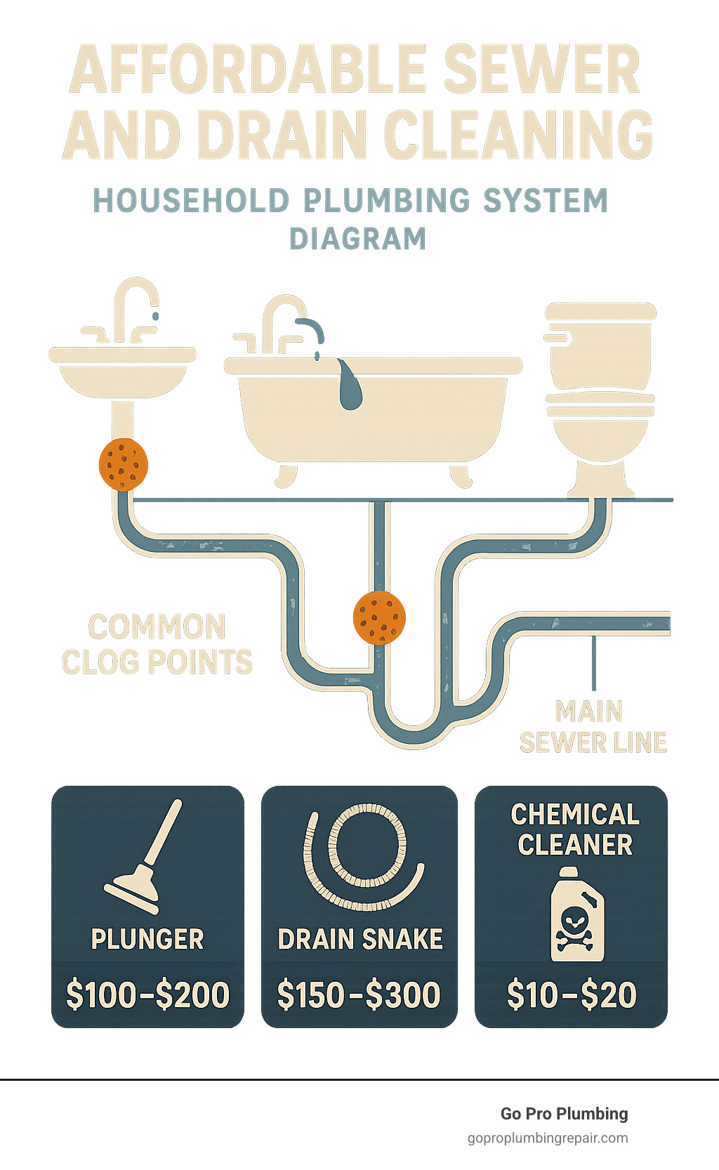 Household plumbing system diagram showing water flow from fixtures through drains to main sewer line, with common clog points highlighted and average costs for different cleaning methods - affordable sewer and drain cleaning infographic 