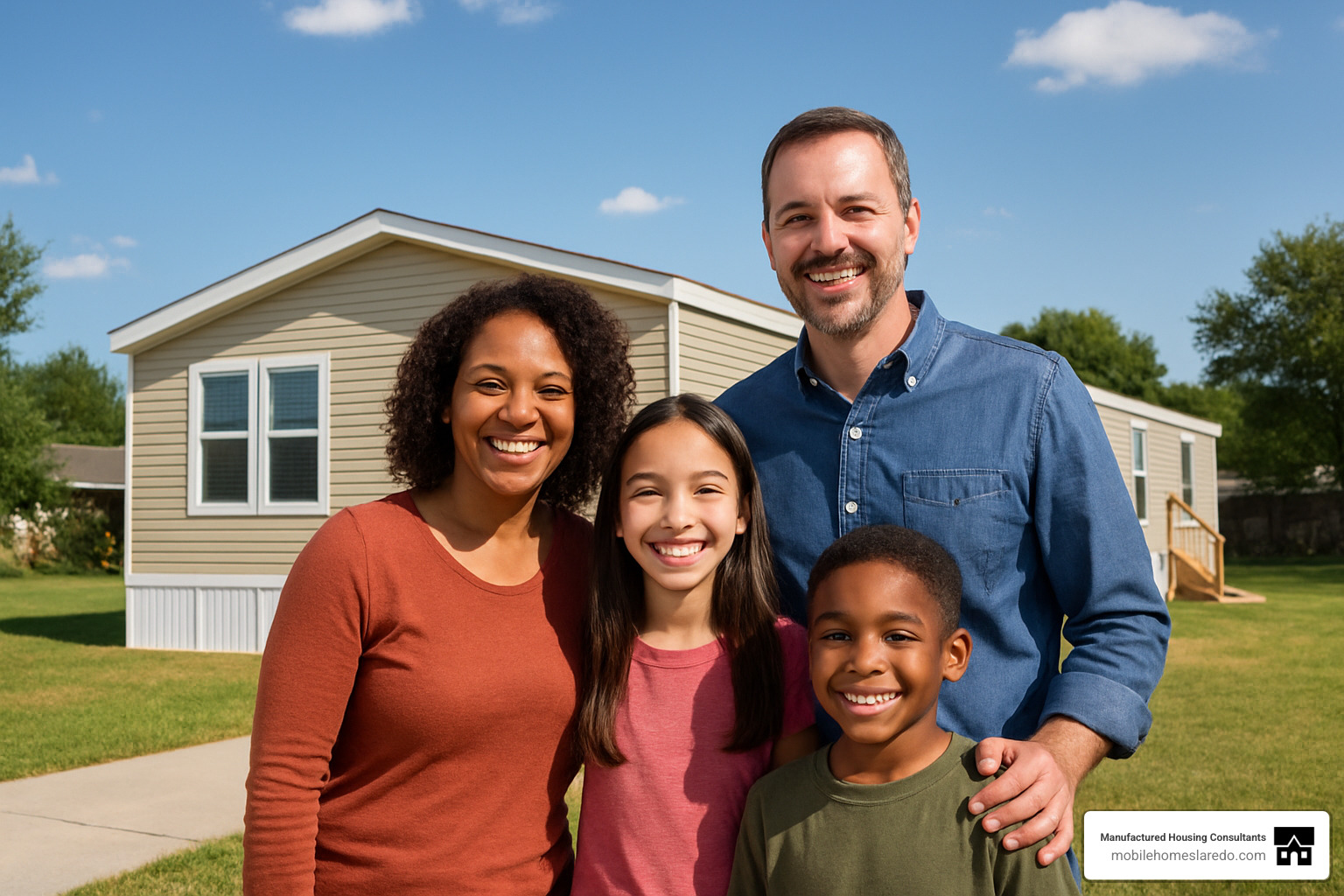 Family standing proudly in front of their new manufactured home - credit repair for home loans Family standing proudly in front of their new manufactured home - credit repair for home loans
