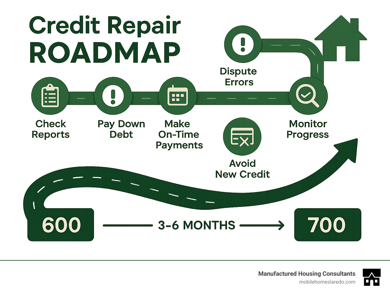 Credit repair roadmap showing 6 steps: 1) Check reports 2) Dispute errors 3) Pay down debt 4) Make on-time payments 5) Avoid new credit 6) Monitor progress - with timeline showing potential score improvements over 3-6 months - credit repair for home loans infographic Credit repair roadmap showing 6 steps: 1) Check reports 2) Dispute errors 3) Pay down debt 4) Make on-time payments 5) Avoid new credit 6) Monitor progress - with timeline showing potential score improvements over 3-6 months - credit repair for home loans infographic