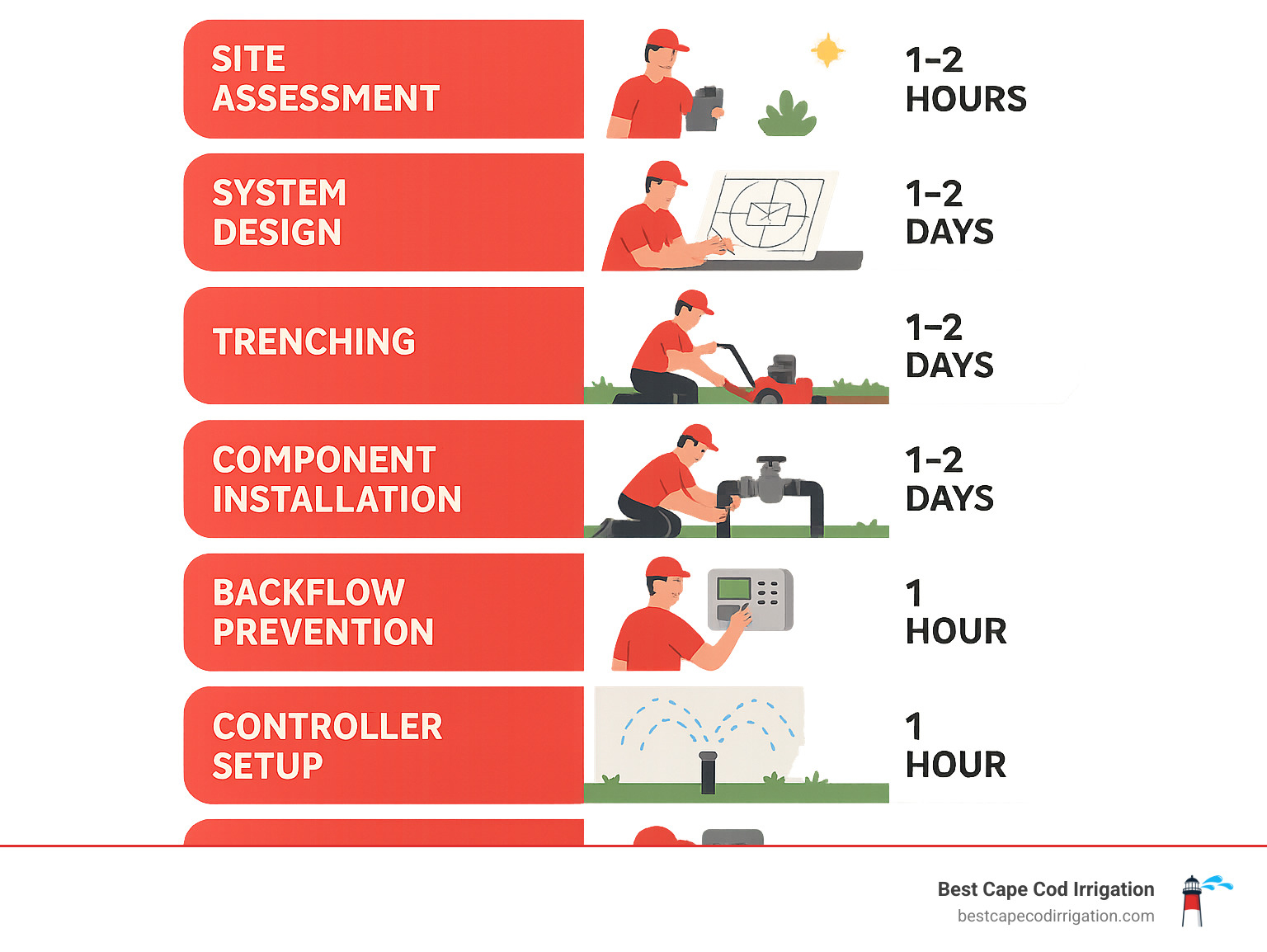 Professional irrigation installation process showing site assessment, system design, trenching, component installation, backflow prevention, controller setup, and final testing with estimated timeframes for each stage - professional irrigation installation infographic 