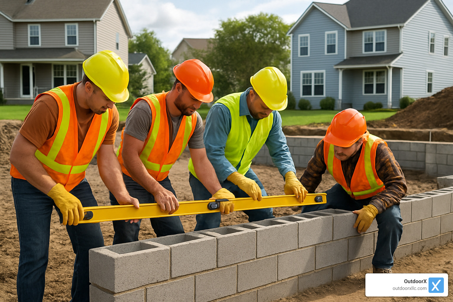 contractor crew leveling first course of block wall - block wall contractors near me