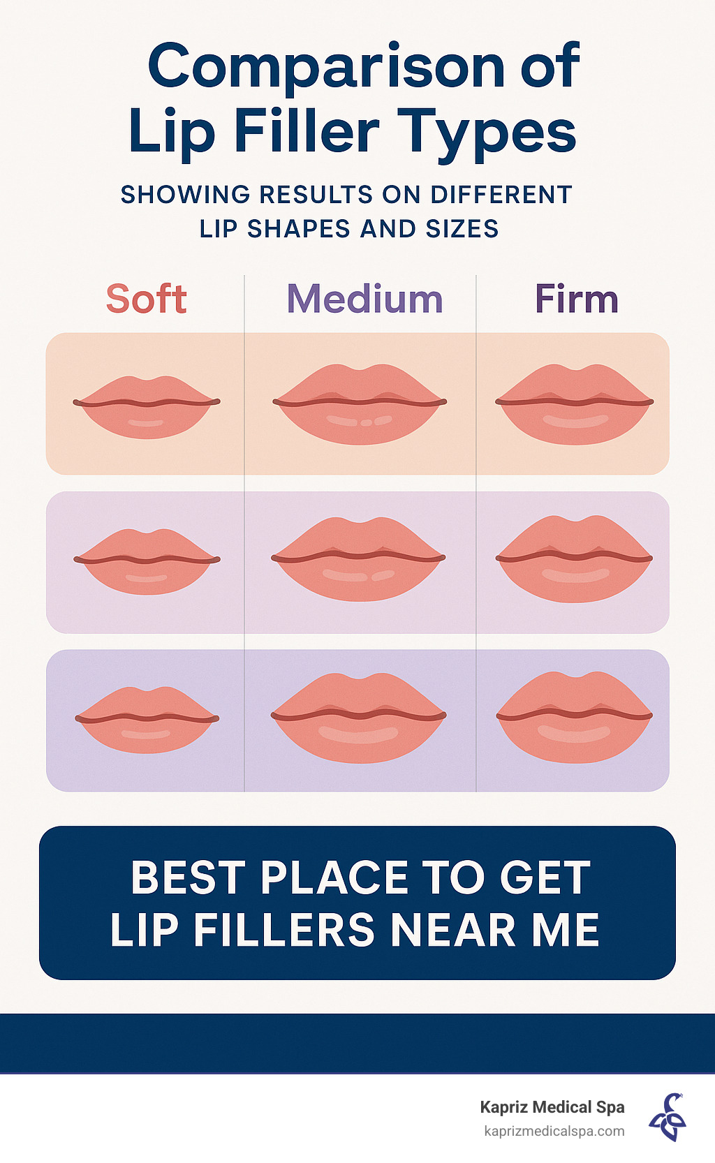 Comparison of different lip filler types showing results on different lip shapes and sizes - best place to get lip fillers near me infographic 