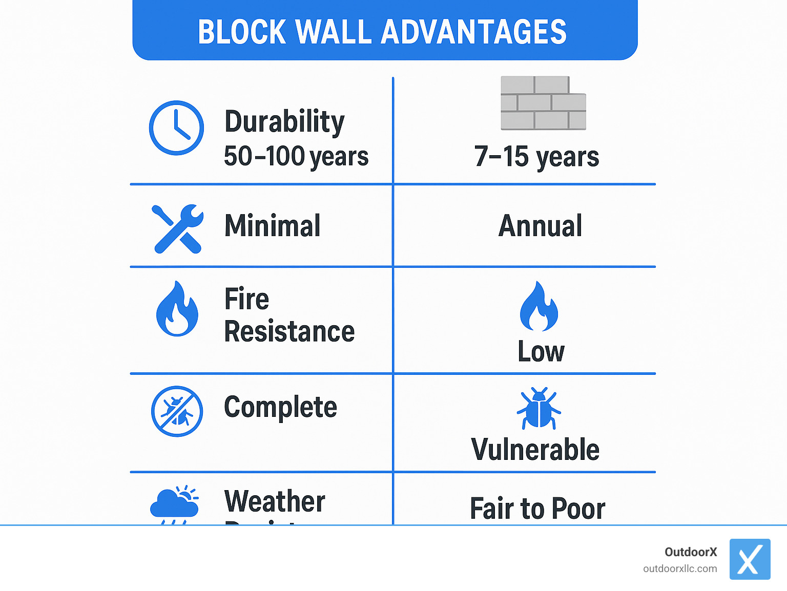 Infographic comparing block wall advantages showing durability (50-100 years vs 7-15 for wood), maintenance requirements (minimal vs annual for other materials), fire resistance (high vs low), pest resistance (complete vs vulnerable), and weather resistance (excellent vs fair to poor) - block wall contractors near me infographic 