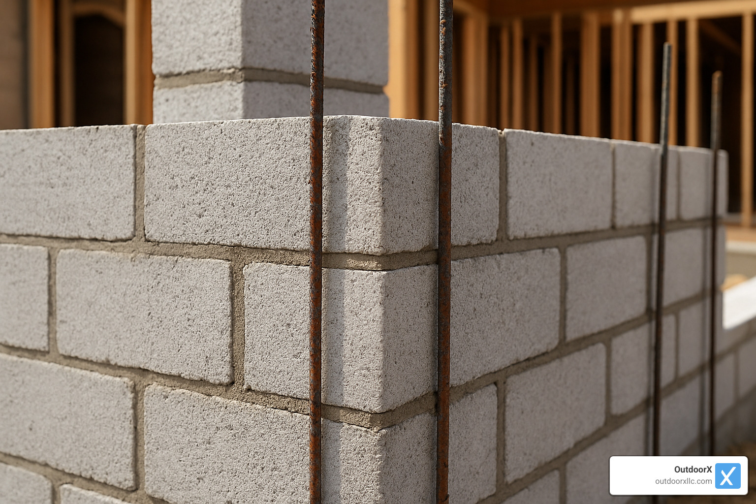 staggered block courses with rebar - block wall contractors near me