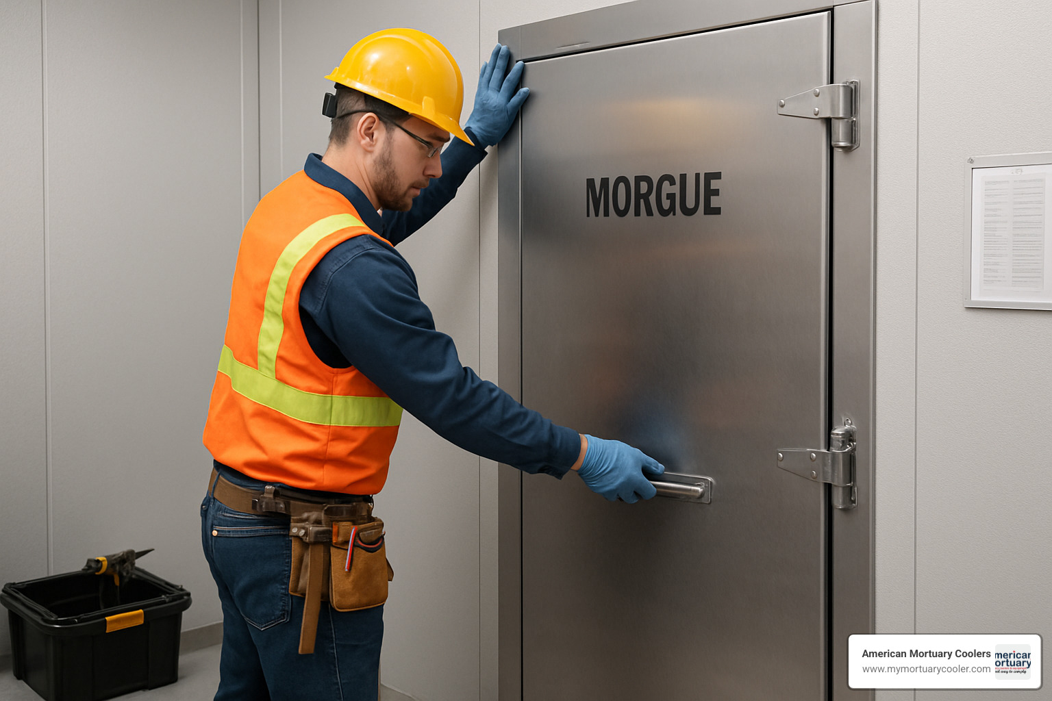 Technician installing a retrofit morgue door in an existing cooler - morgue doors