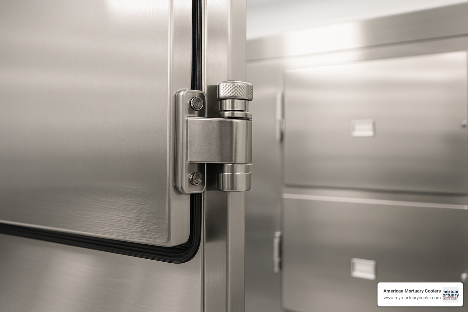Close-up of a morgue door gasket and cam-rise hinge system - morgue doors