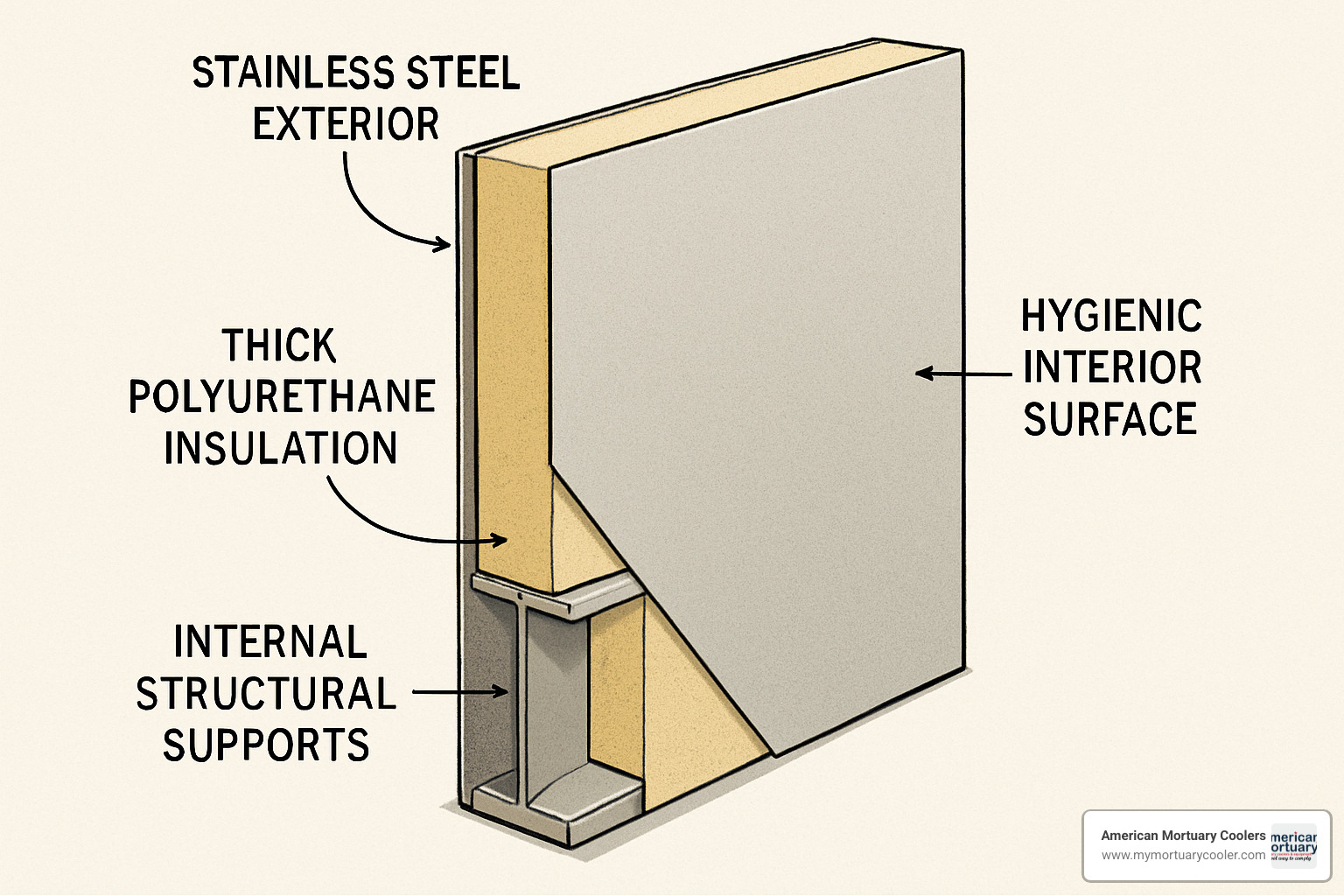 Cross-section of an insulated morgue door panel - morgue doors