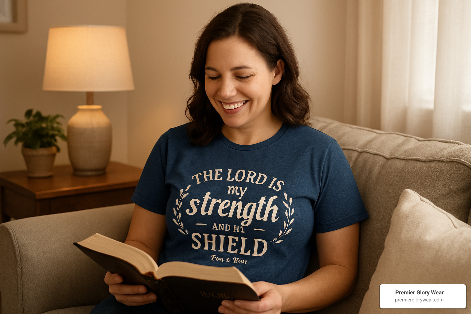 Mom wearing Premier Glory Wear faith t-shirt while reading Bible - Christian gifts for moms