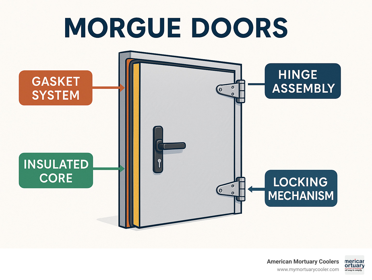 Detailed diagram showing components of a morgue door including gasket system, locking mechanism, insulated core, and hinge assembly - morgue doors infographic 