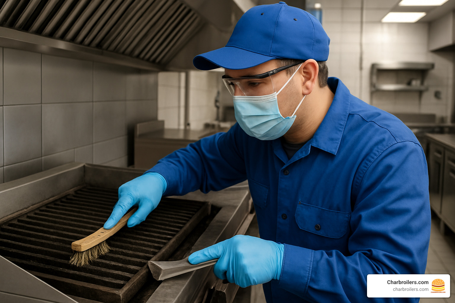 technician cleaning a commercial charbroiler - charbroilers