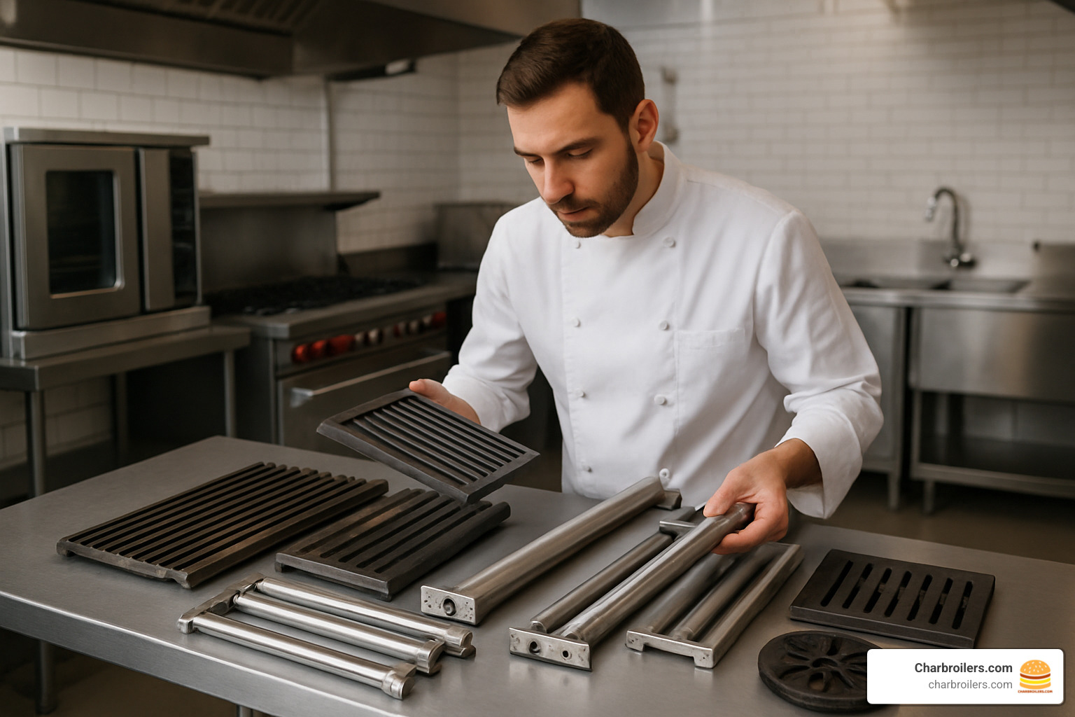 Chef selecting charbroiler components - charbroilers