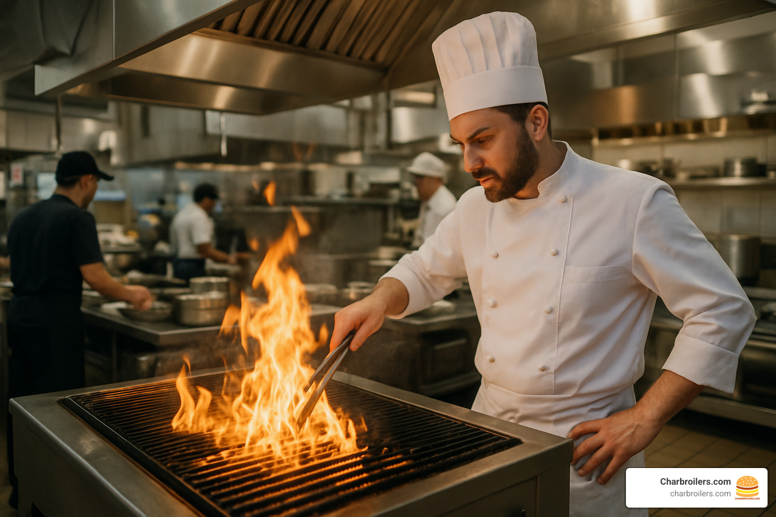 Chef operating a commercial charbroiler in a busy kitchen - charbroilers