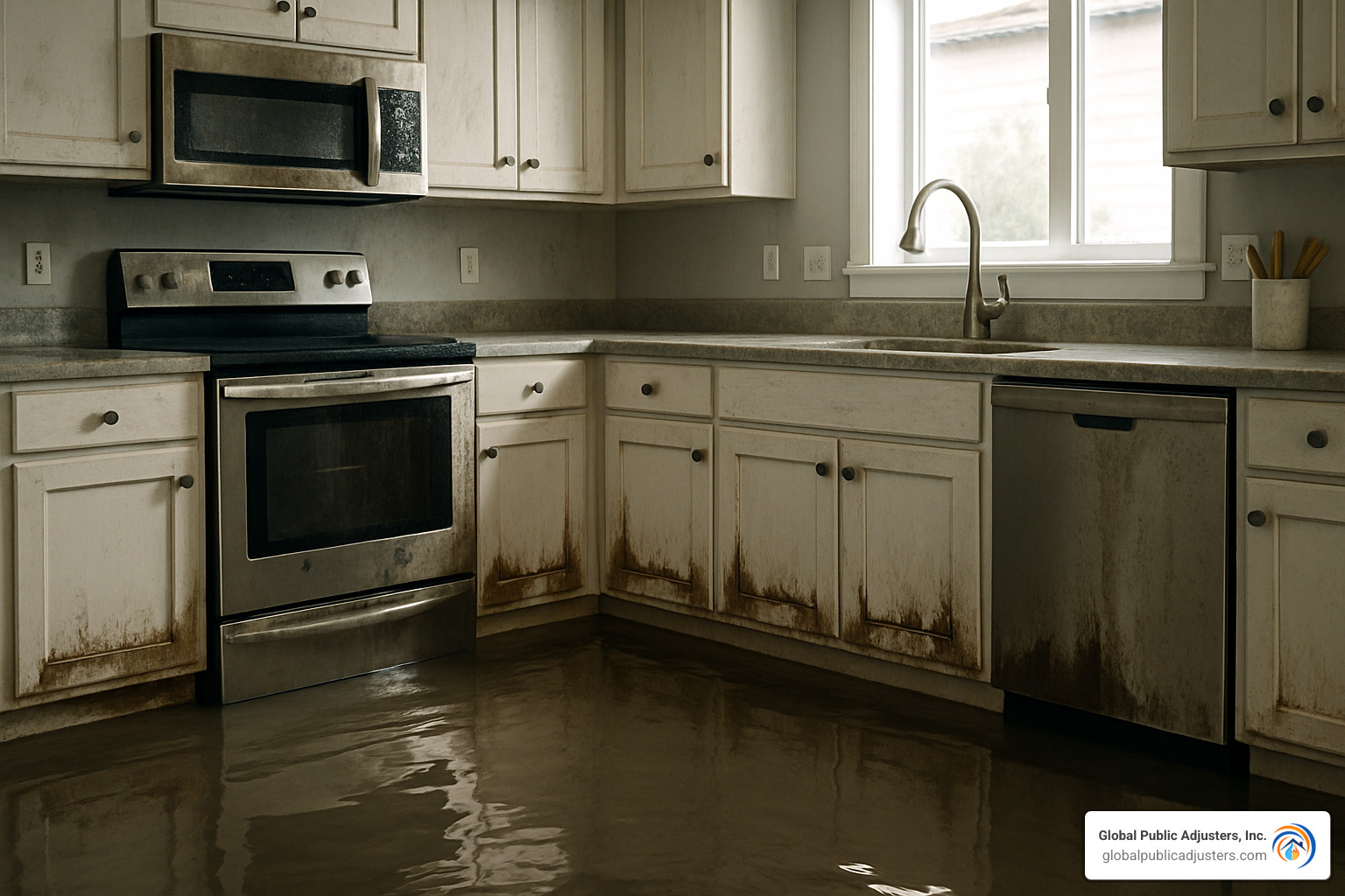 flooded kitchen with water damage - public adjuster services