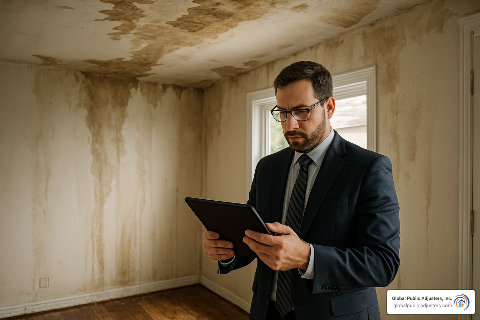 public adjuster with tablet inspecting damage - public adjuster services