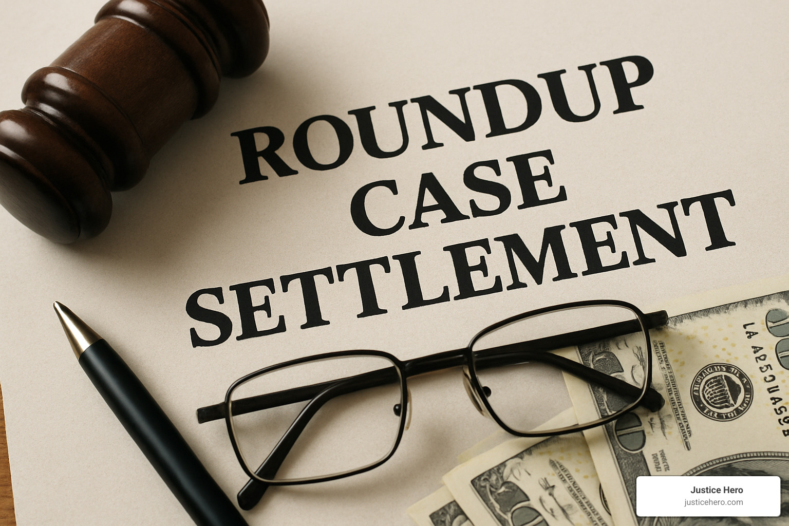 Courtroom gavel with Roundup bottle and legal documents - roundup case settlement Courtroom gavel with Roundup bottle and legal documents - roundup case settlement