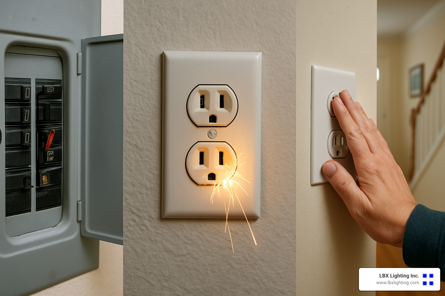 Electrical warning signs including circuit breaker, flickering lights, and hot outlets - electrician technician near me