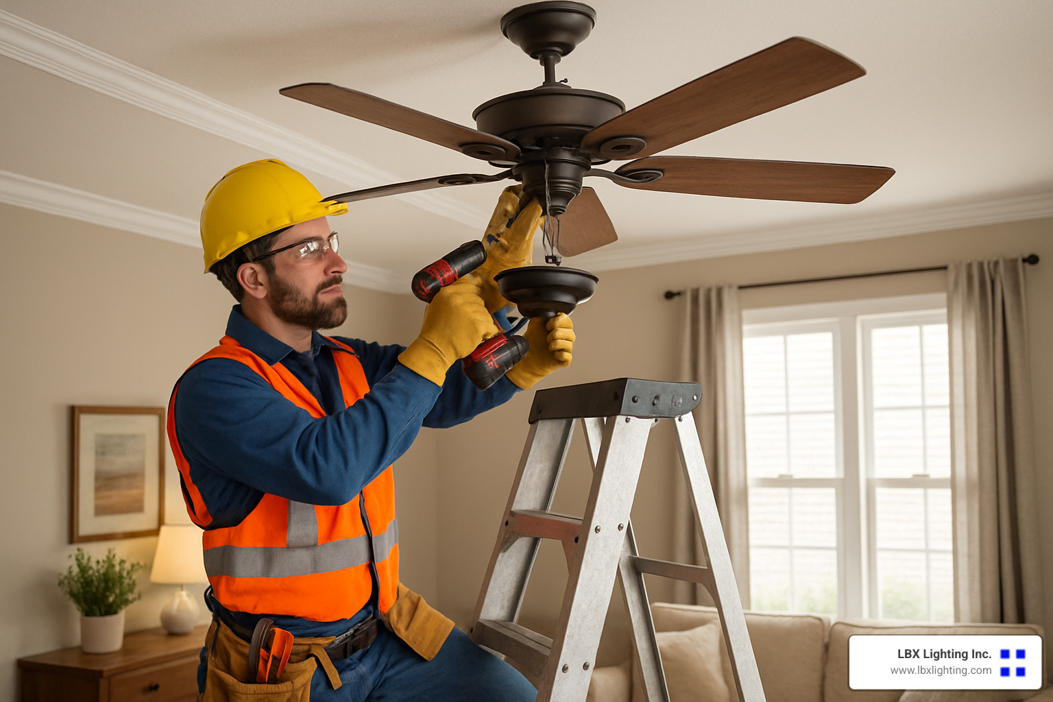 Electrician technician installing a ceiling fan - electrician technician near me