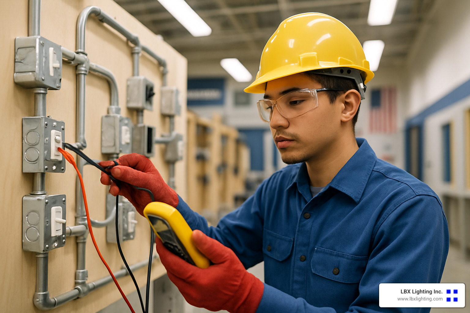 Electrician trainee using multimeter during training - electrician technician near me