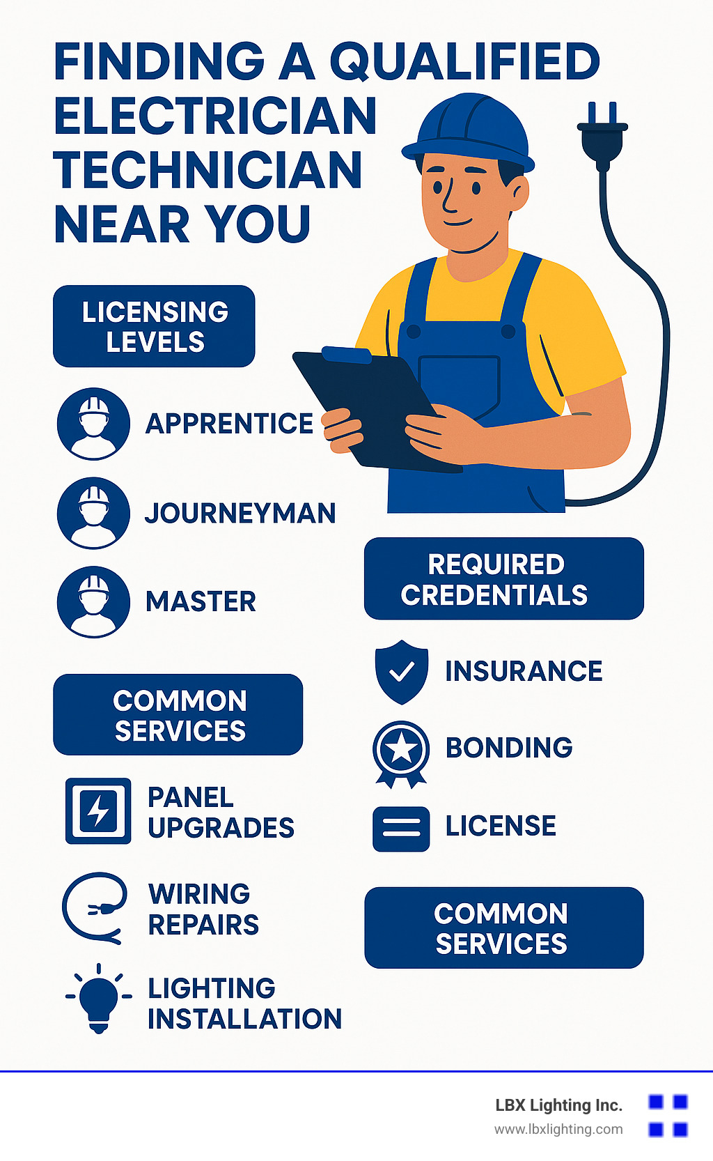 Finding a qualified electrician technician near you infographic showing licensing levels (apprentice, journeyman, master), required credentials (insurance, bonding, license), and common services (panel upgrades, wiring repairs, lighting installation) - electrician technician near me infographic 
