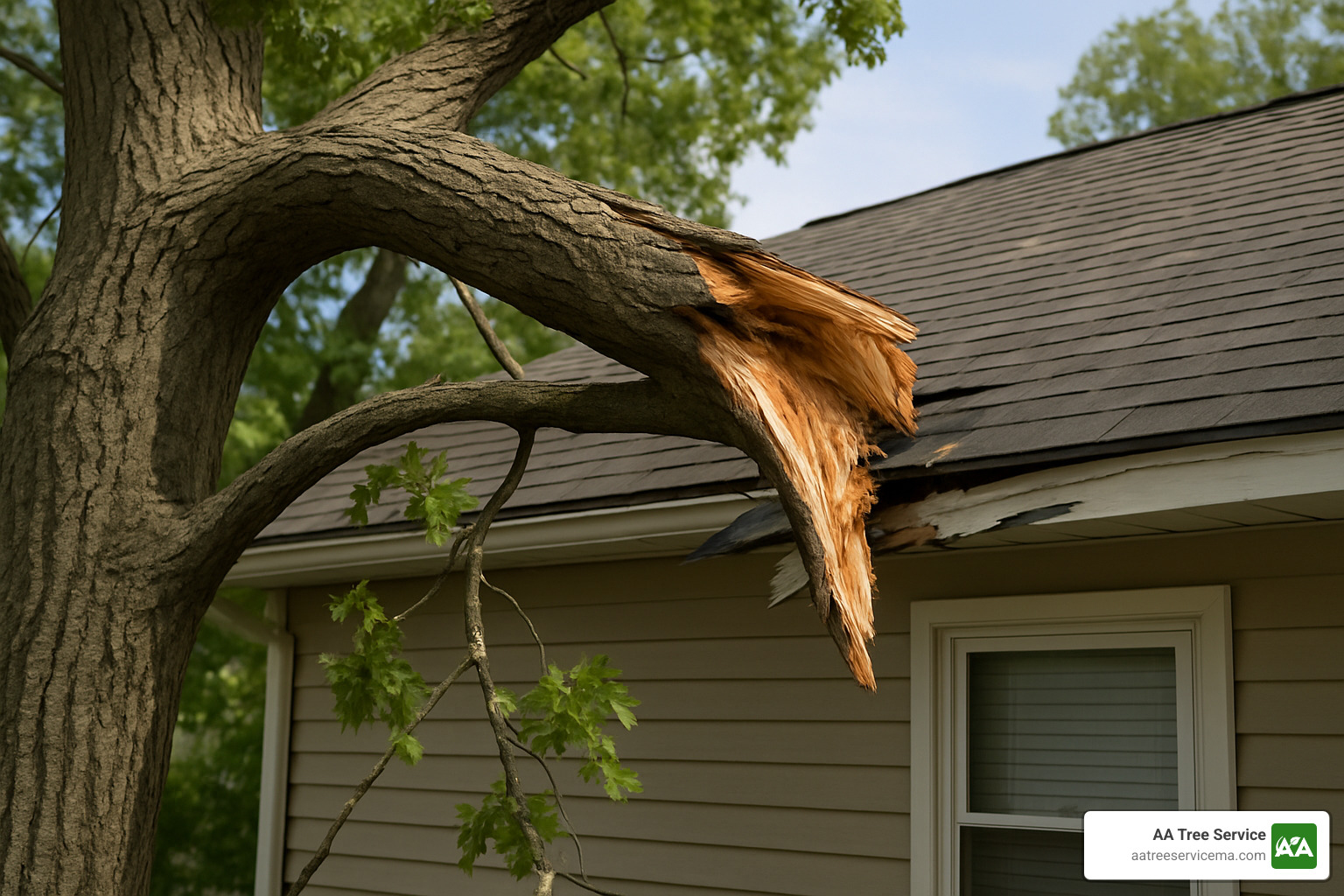 split tree limb hanging over a roof - tree limb removal near me