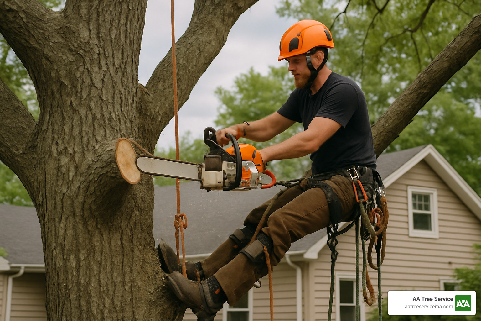 professional tree climber in safety harness removing limbs - tree limb removal near me