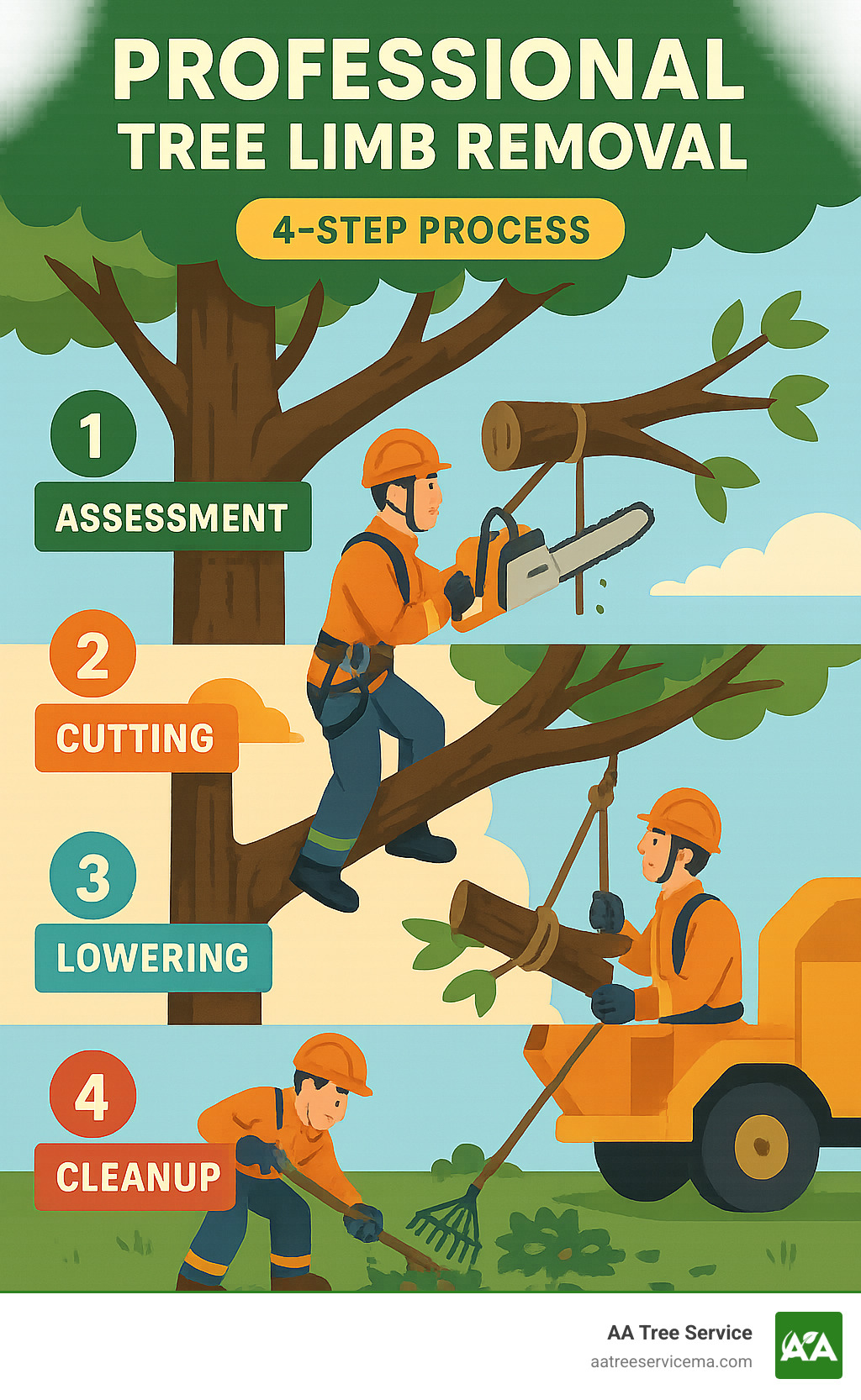 Infographic showing the 4-step professional tree limb removal process including assessment, cutting, lowering, and cleanup - tree limb removal near me infographic 