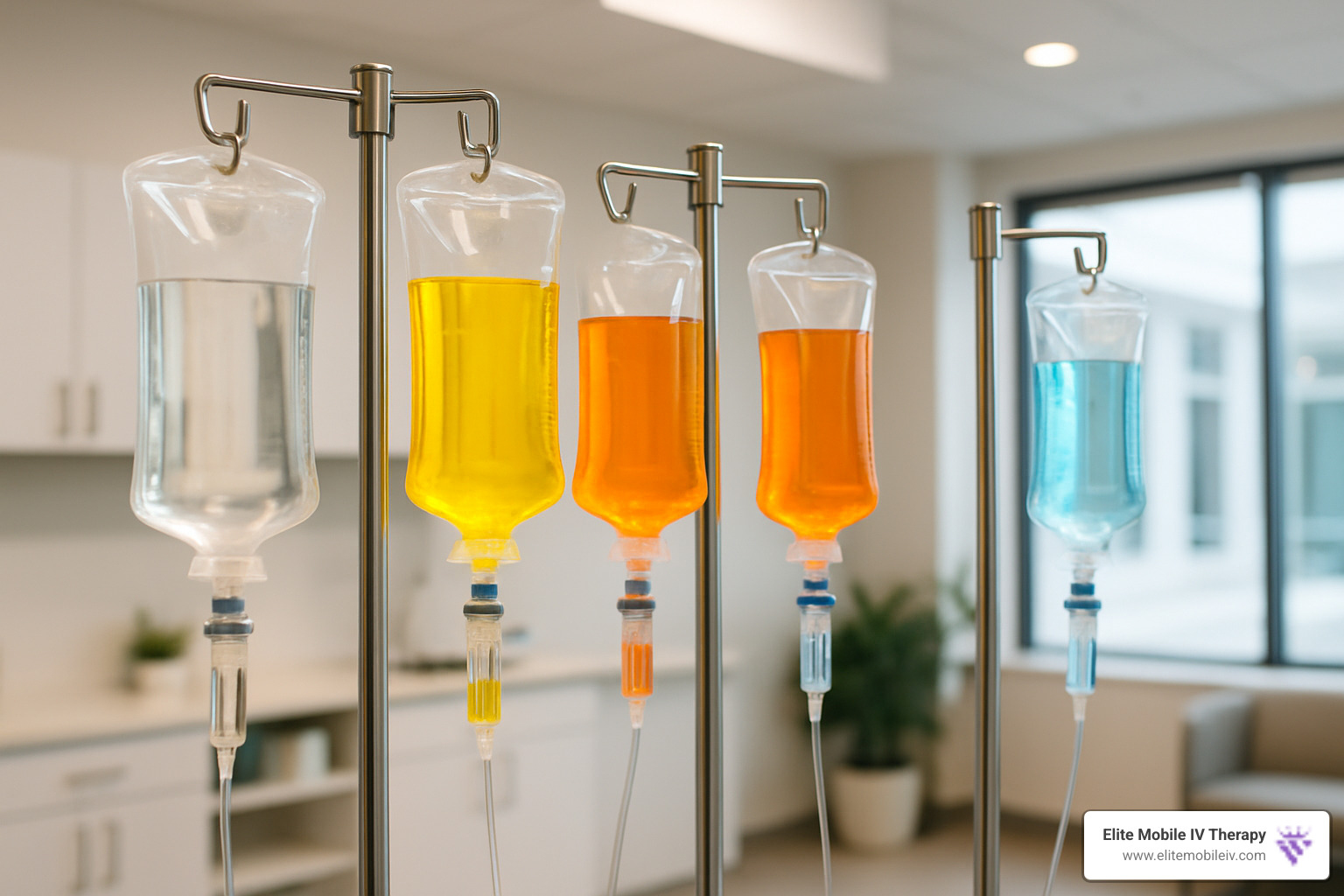Different colored IV drip bags for various treatments - IV drip Raleigh NC
