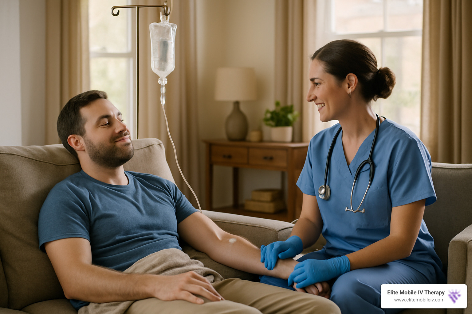 Person receiving IV therapy in a comfortable living room setting - IV drip Raleigh NC