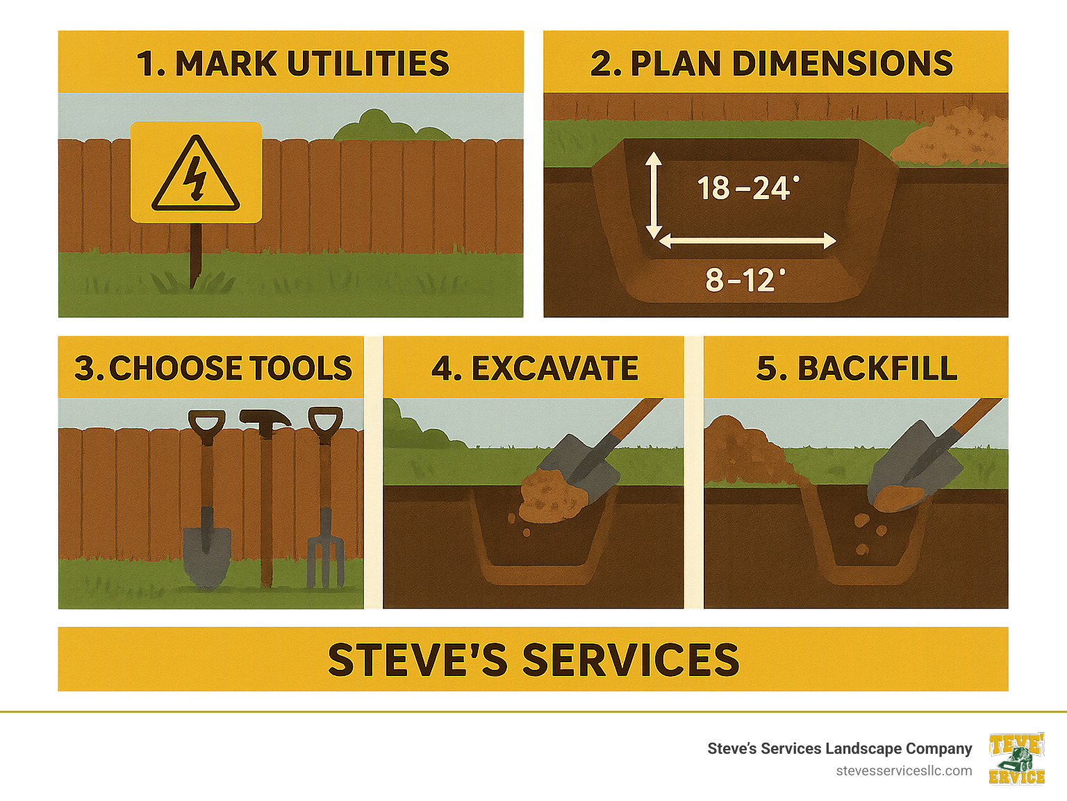 Step-by-step trenching process showing utility marking, proper dimensions, tool selection, excavation technique, and backfilling methods for backyard trenches - dig a trench in backyard infographic 