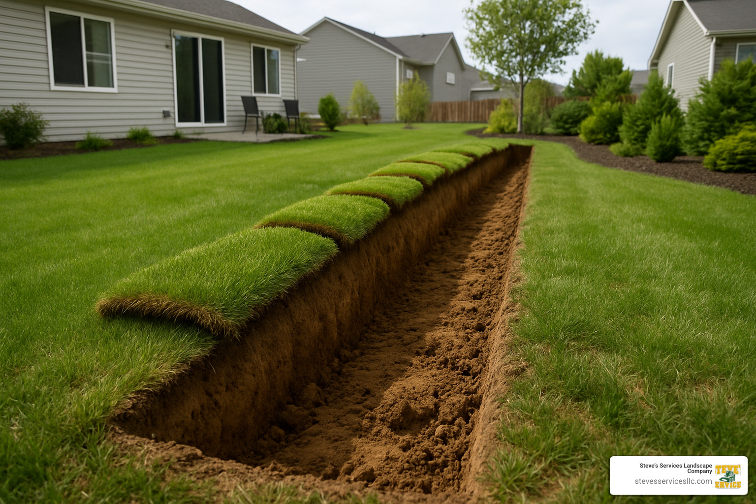 trench with folded-back sod edge - dig a trench in backyard