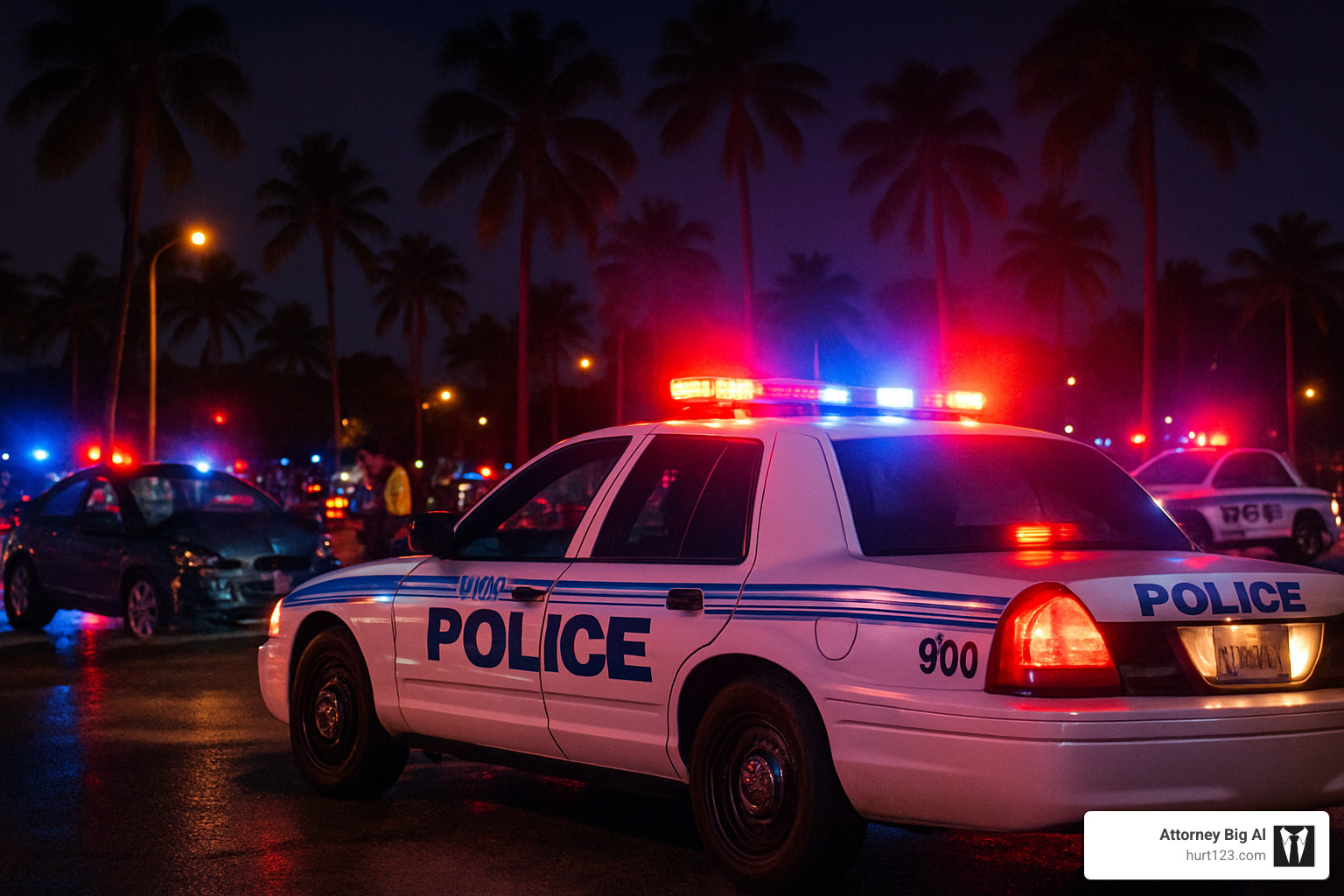 Police lights at accident scene - car accident lawyer miami fl