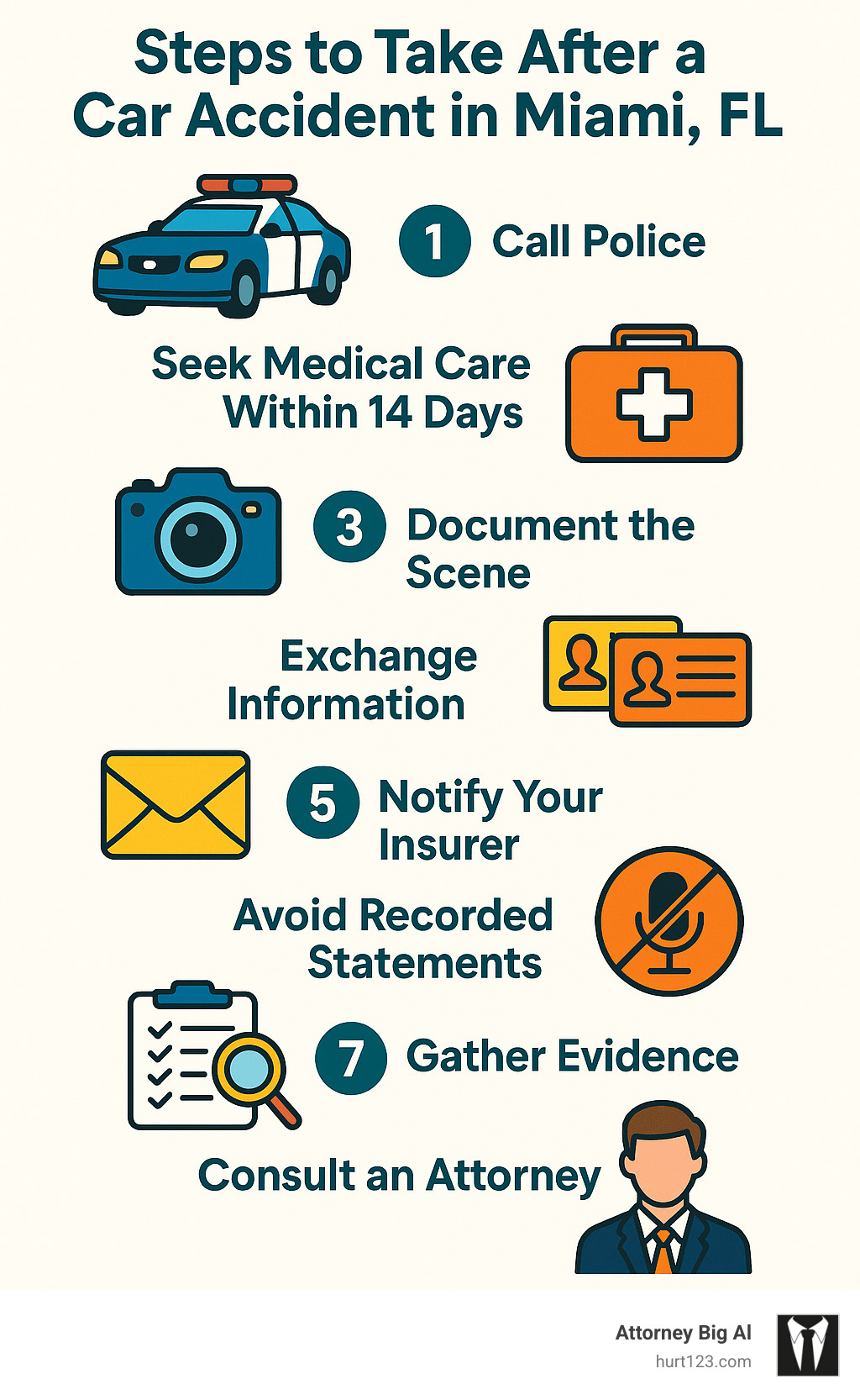 Steps to take after a car accident in Miami, FL showing: 1) Call police, 2) Seek medical care within 14 days, 3) Document the scene, 4) Exchange information, 5) Notify your insurer, 6) Avoid recorded statements, 7) Gather evidence, 8) Consult an attorney - car accident lawyer miami fl infographic 