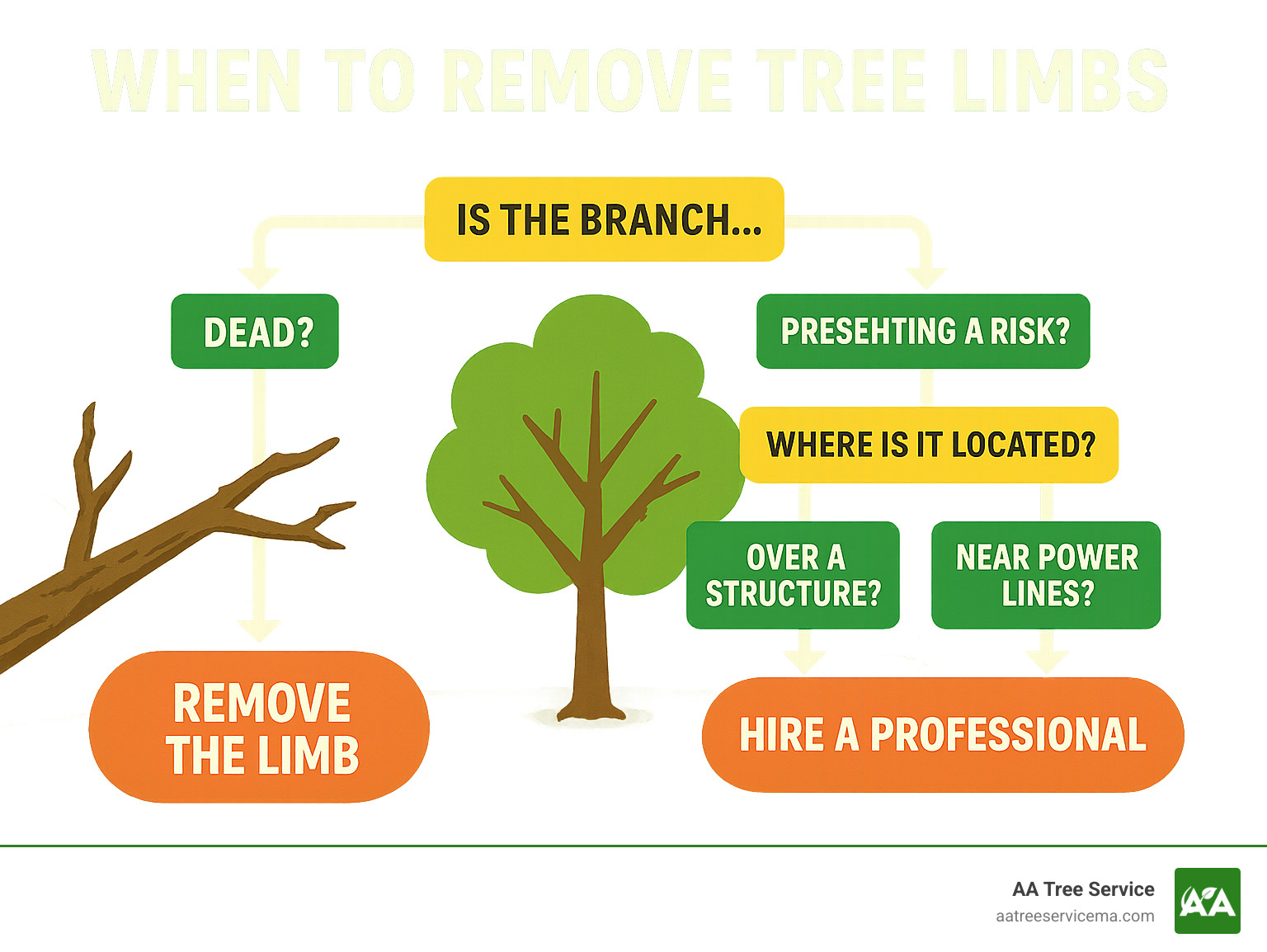 Decision flowchart showing when to remove tree limbs, including assessment factors like branch condition, location risk, and professional vs DIY considerations - tree limb removal near me infographic 