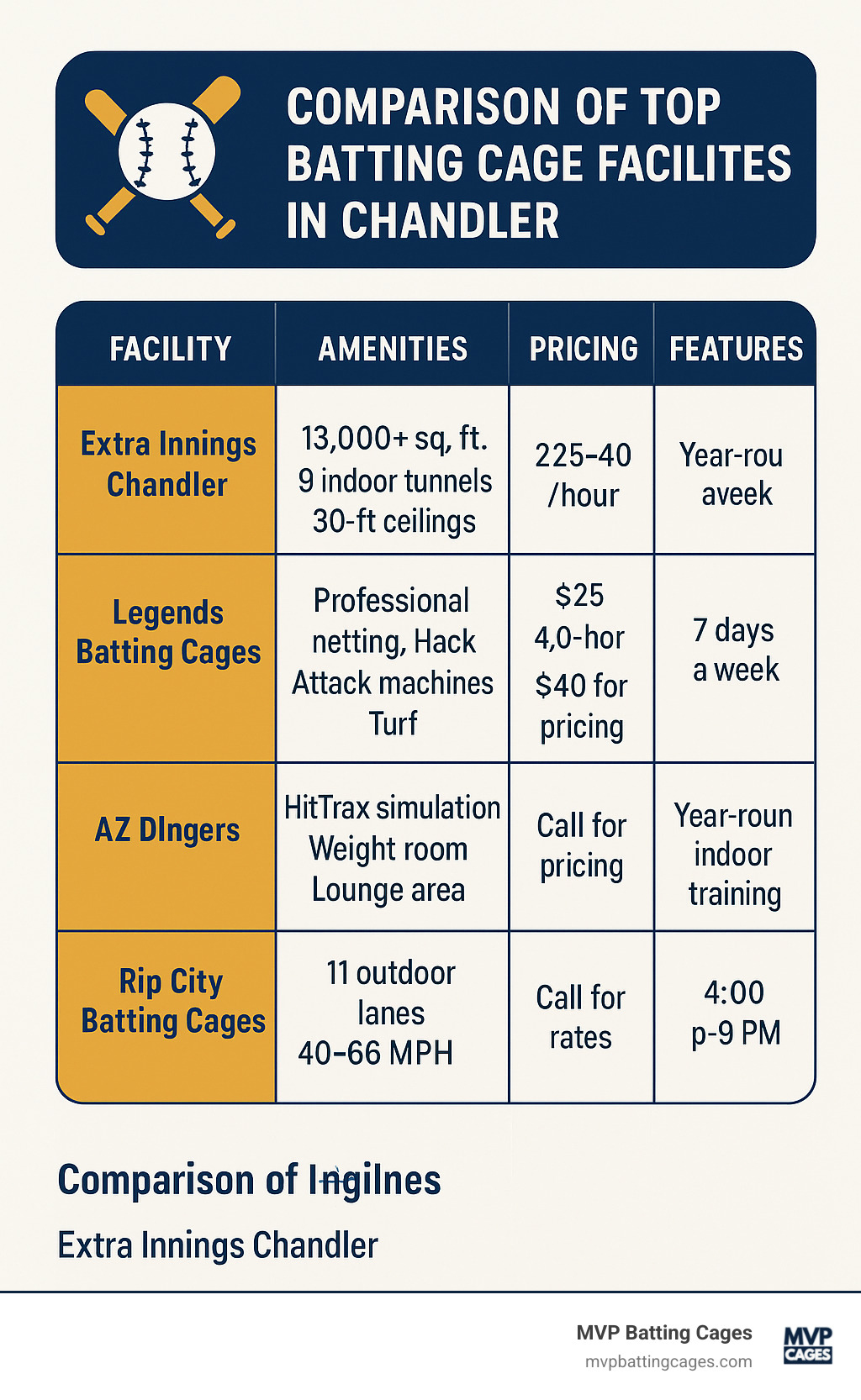 Comparison of top batting cage facilities in Chandler showing amenities, pricing, and features - batting cages chandler infographic 