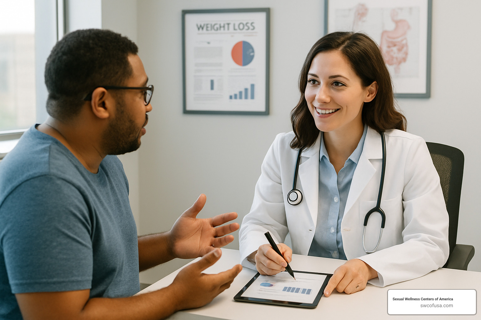 Patient asking questions during weight loss clinic consultation - weight loss clinic