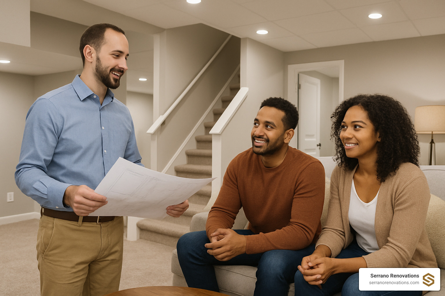 contractor meeting with homeowners - basement renovations near me