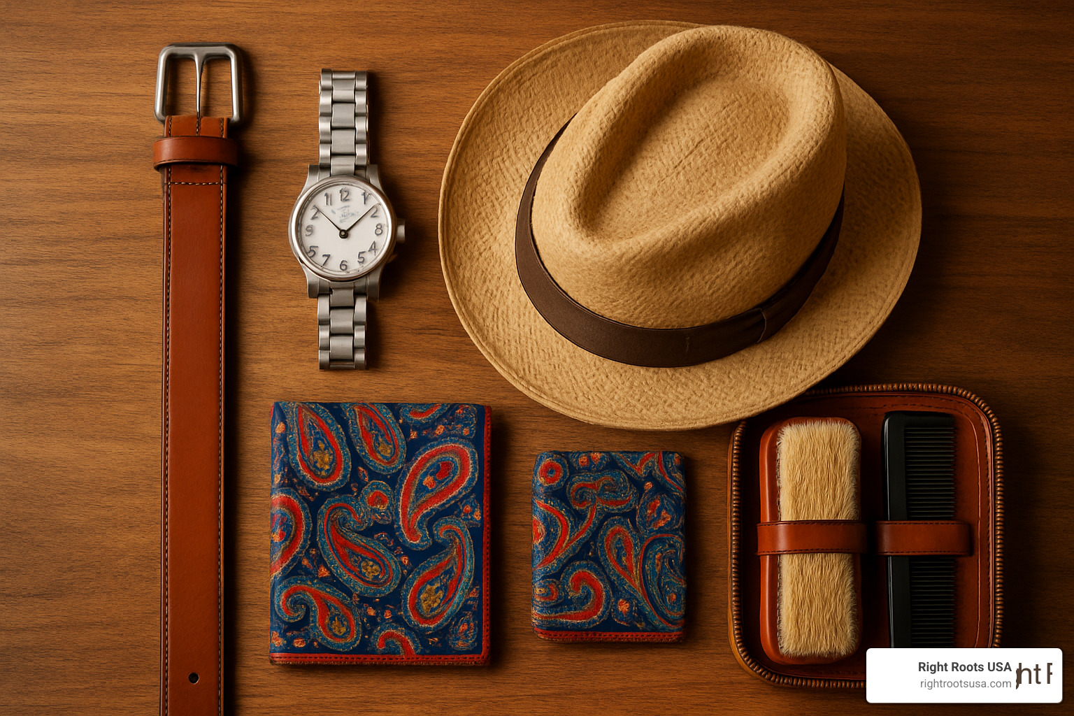 accessories collection with watch, hat, belt, pocket square, and grooming kit - southern gentleman style
