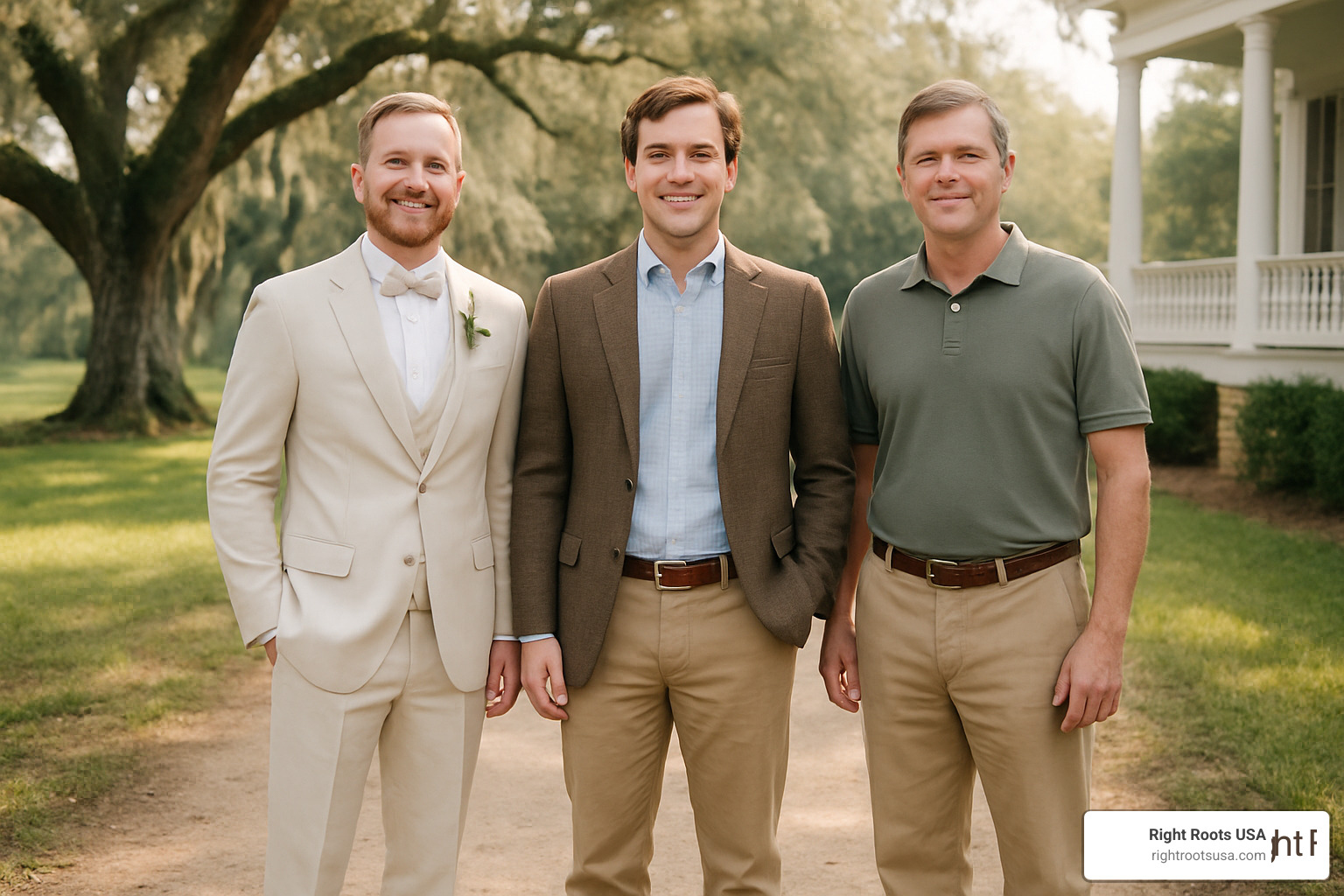three southern gentleman outfits: formal wedding attire, business casual, and weekend casual - southern gentleman style
