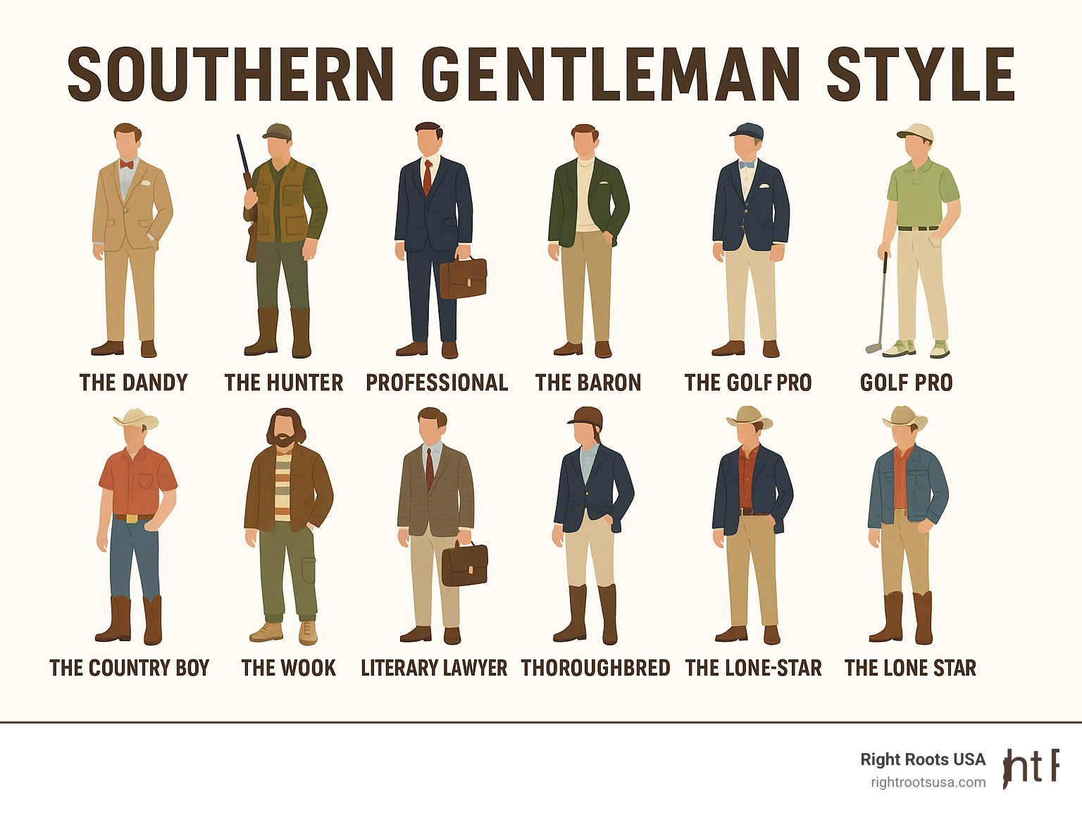 Infographic showing the 12 Southern Gentleman Style archetypes including The Dandy, The Hunter, The Professional, The Baron, The Old Row, The Golf Pro, The Country Boy, The Wook, The Literary Lawyer, The Thoroughbred, and The Lone Star, with key wardrobe essentials for each - southern gentleman style infographic 