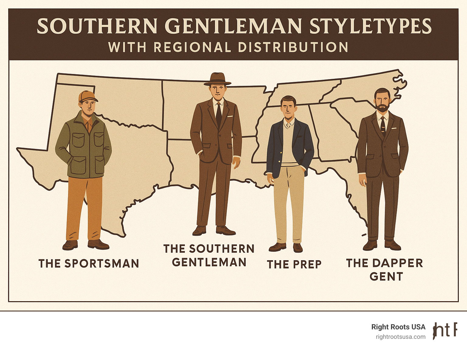 infographic showing Southern gentleman style archetypes with regional distribution - southern gentleman style infographic 
