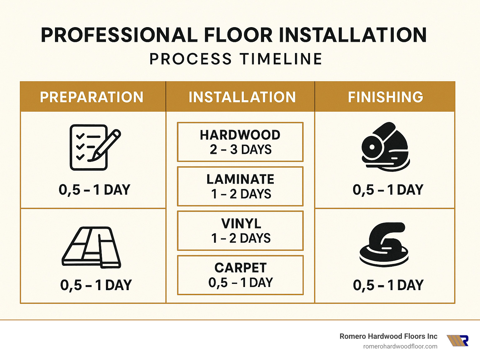 Professional Floor Installation Process Timeline showing preparation, installation, and finishing phases with average timeframes for different flooring types - floor installers infographic