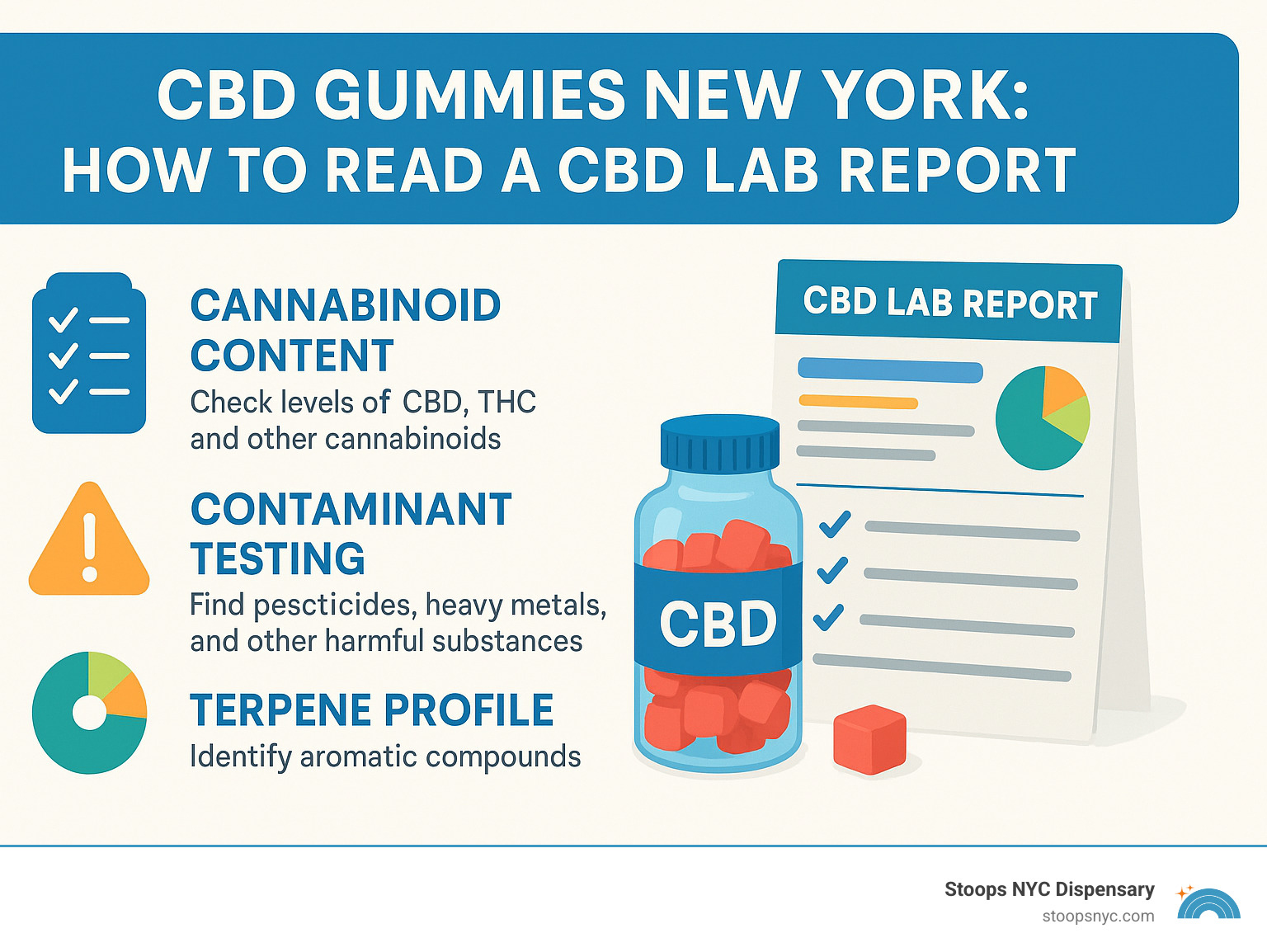 How to read a CBD lab report showing cannabinoid content, contaminant testing, and terpene profiles - CBD gummies New York infographic