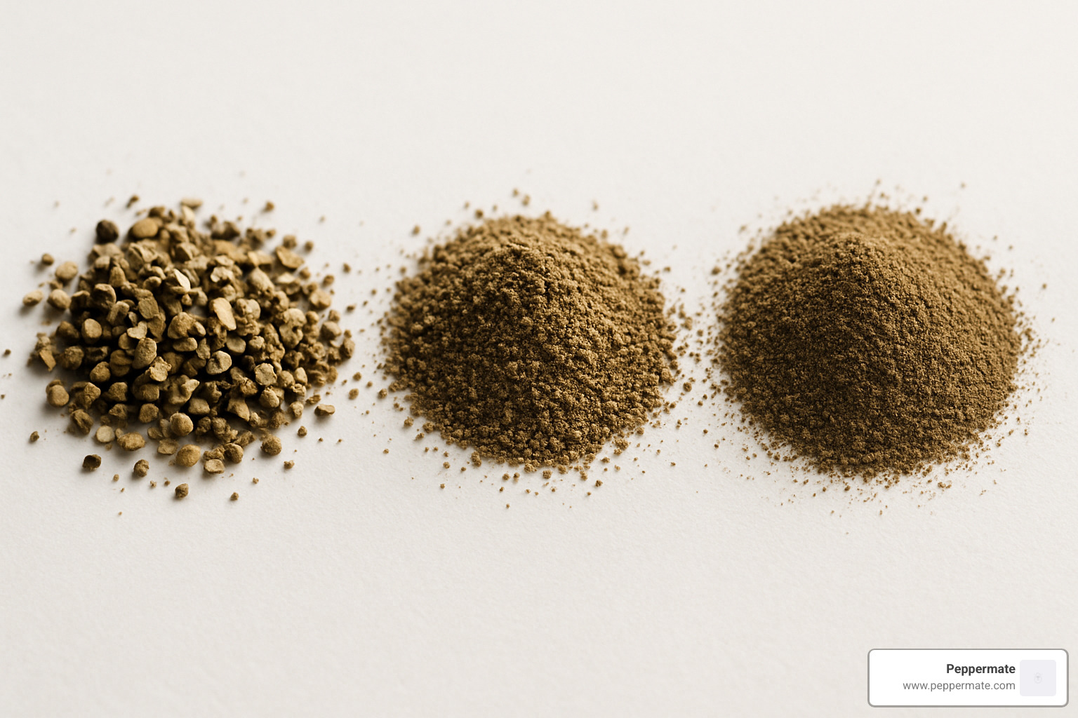 three different pepper grind sizes side by side - how to grind black pepper without grinder