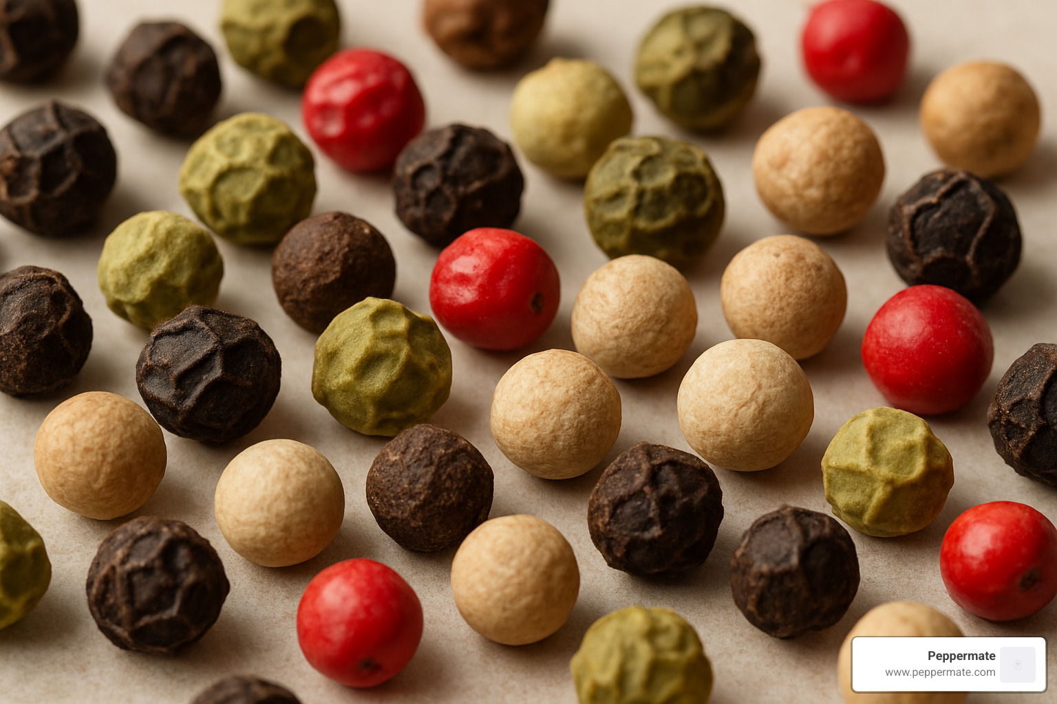 various whole peppercorns in different colors - how to grind black pepper without grinder