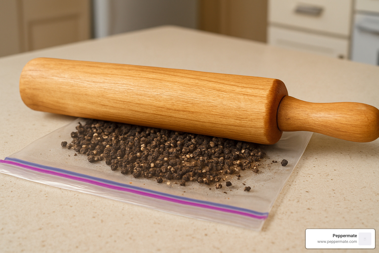 rolling pin crushing peppercorns in a plastic bag - how to grind black pepper without grinder